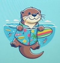 an otter wearing a hawaiian shirt and holding a surfboard