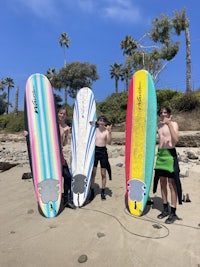 a group of people standing on a beach with surfboards